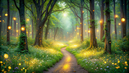 A winding path cuts through a lush, green forest, illuminated by ethereal lights that resemble fireflies. The mystical glow and mist contribute to a dreamy, enchanted atmosphere.AI generated.