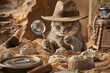 © Ilia - Cat wearing an explorer hat and inspecting a magnifying glass, humorously imitating an archaeologist on a sandy backdrop.