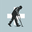 a man walks forward leaning on a crutch in a vector illustration