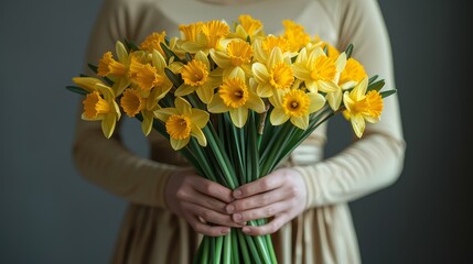 Sticker -   A tight shot of a person grasping a bouquet of yellow flowers against a gray backdrop Women's hands hold yellow daffodils