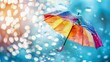 A colorful umbrella suspended in mid-air, caught in a playful gust of wind during a refreshing rain shower.