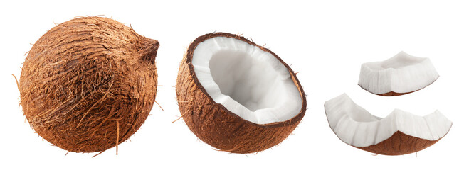 Wall Mural - coconuts isolated set. collection of coconut, halves and slices on a transparent background.