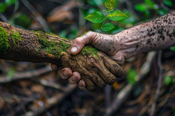 handshake between human and nature, concept of collaboration for environmental protection on earth. 