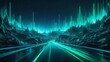 Otherworldly 3D landscape, Abstract blue-green neon background. Speed of light, motion-blurred lines, and bokeh lights.