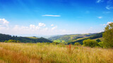 Fototapeta Góry - mountainous carpathian countryside scenery in summer. forested hills behid grassy alpine meadow beneath a blue sky with fluffy couds. summer vacations in highlands of ukraine