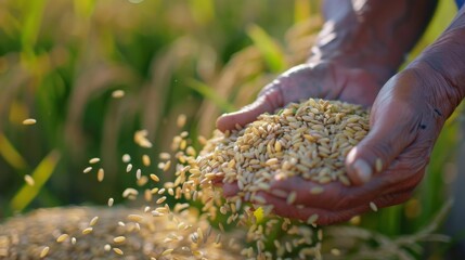 Poster - A farmer tenderly inspecting the quality of rice grains, ensuring only the finest make it to market.