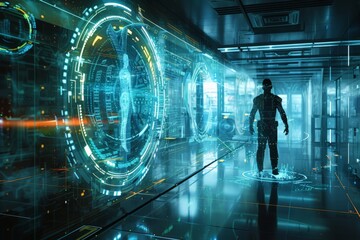 Fototapete - Cybersecurity experts gathered around a holographic table, Solitary figure in sci-fi corridor, back to viewer, facing a holographic interface, gives sense of futuristic surveillance or data analysis.