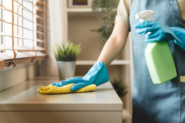 Wall Mural - Housekeeper doing chores concept, Close-Up view of housemaid cleaning furniture surface with sanitizer spray and wiping with wet cloth in living room.