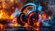 Explosive Sound: Fiery Headphone Blaze. Concept Sound Effects, Headphones, Fire, Music, Explosion