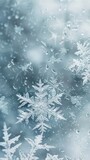 Fototapeta Pokój dzieciecy - An artistic representation of snowflakes on a frozen glass, with emphasis on texture and the effect of coldness