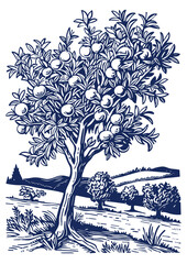 Wall Mural - illustration of a peach tree with a landscape of an agricultural field, linocut gold woodcut engraving style, monochrome, blue