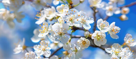 Wall Mural - The white Cherry blossoms on the tree with a blue sky background create a lovely spring scene in the park.