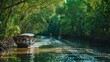 A group of tourists enjoying a scenic boat tour along a winding river, surrounded by lush mangrove forests and wildlife.