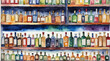 Various colored liquor bottles many sizes on the shelf, watercolor painting style, generative AI.