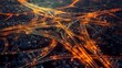 A network of intersecting highways illuminated by the glow of city lights, depicting the intricate web of urban transportation routes.