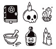 Cartoon spooky dark magic ritual doodles set