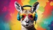Portrait of a Party Kangaroo with Headphones and Sunglasses on a Colorful Abstract Background.