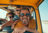 Fototapeta Londyn - A joyful family, a father, his brother and son, wearing sunglasses, travel on a bus with an open roof on a sunny beach day, smiles lighting up their faces with happiness and togetherness.