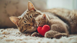 Fototapeta  - Happy mothers day with cute mom cat and kitten sleeping together with love heart