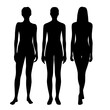 Vector silhouettes of a three young attractive slender women, standing, walking, black color, isolated on a white background
