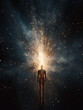 Silhouette of a man surrounded by sparkling golden energy, on dark background. Bright light around the person. Mystical experience, meditation, cosmic consciousness, energy work.