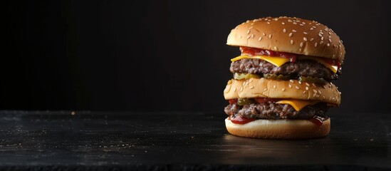 Wall Mural - A succulent American burger, with two beef patties, cheese, and sauce, served on a black background. Represents the idea of American fast food. Space for text.