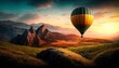 The hot air balloon flies in the sky over the fields and mountains. Generative AI.