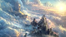 Divine Serenity: Giant Buddha Statue Embracing The Majestic Sky. Seamless Looping Time-lapse Virtual 4k Video Animation Background