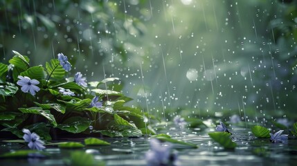 Poster - A peaceful garden scene with rain falling on delicate flower petals and verdant leaves, refreshing and invigorating.