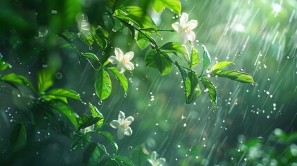 Poster - A peaceful garden scene with rain falling on delicate flower petals and verdant leaves, refreshing and invigorating.