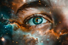 Mysterious Eyes Reflecting A Nebula Blending Human Features With The Cosmos Symbolizing Universal Insight