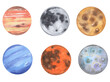 Watercolor planets of the solar system. Outer Space planet Mercury Venus Moon Mars Jupiter
