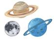 Watercolor planets of the solar system. Outer Space planet Moon Saturn Uranus