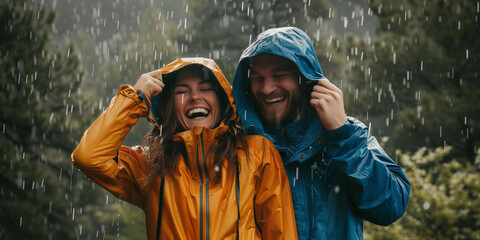 Fröhliches junges Pärchen gerät in Platzregen und versucht sich vor dem Regen zu schützen.