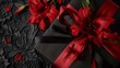 Gift box with red bouquet and red ribbon on dark background,赤い花束と暗い背景に赤いリボンのギフト ボックス,Generative AI