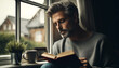 Close-up of a father sitting by the window on a rainy day reading a book. He has salt-and-pepper hair and a trimmed beard. The room is softly lit with gray daylight, emphasizing the feeling of peacefu
