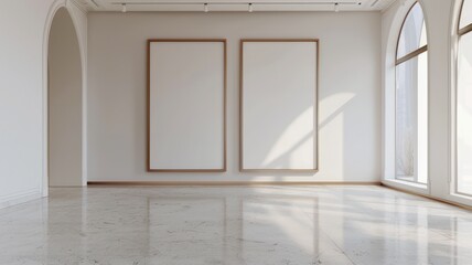 Modern room with two big empty picture frames created with Generative AI