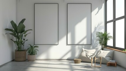 Modern room with two big empty picture frames created with Generative AI