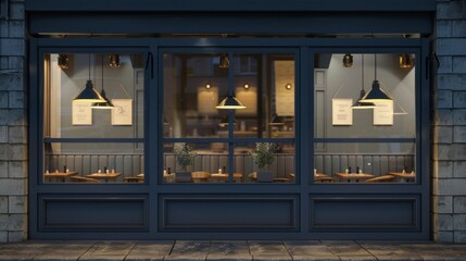 Wall Mural - A window display of a restaurant with a black frame and a black background