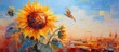 Sunflower and bird painting on blue background