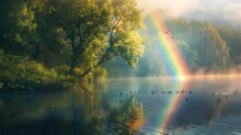 A Rainbow Reflected In The Calm Waters Of A Tranquil River, With Lush Green Trees Lining Its Banks And Birds Nesting In The Branches Above.