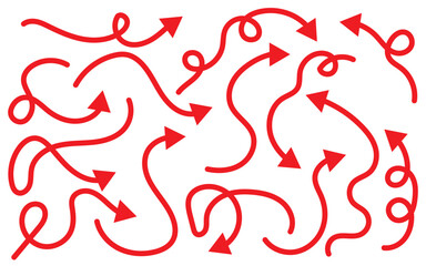 Poster - Hand drawn scribble red arrow set. Arrow mark icons. Doddle arrow set. Collection of hand drawn arrows. simple arrows isolated on white background. Texture design elements of scribble lines. 11:11