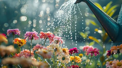 Aufkleber - A refreshing shower of water droplets falling from a watering can onto a row of vibrant flowers, nourishing them with life-giving hydration.