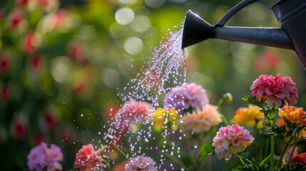 Aufkleber - A refreshing shower of water droplets falling from a watering can onto a row of vibrant flowers, nourishing them with life-giving hydration.