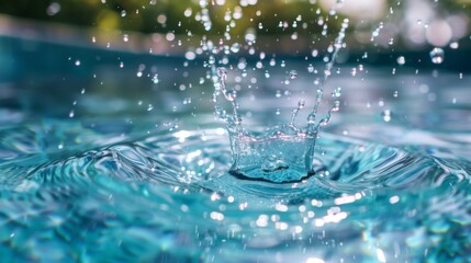 Poster - A refreshing splash of water droplets falling into a crystal-clear pool, creating mesmerizing ripples that radiate outward with each impact. -