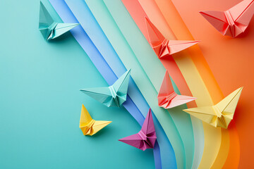 Multicolor origami butterflies on colorful background