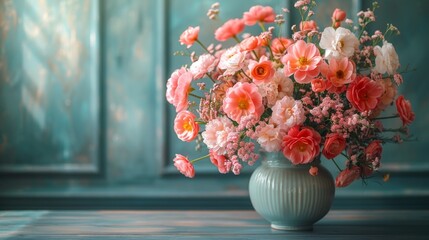 Poster - Charming bouquet of flowers in a vase on a light blue background