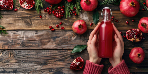 Top view of old mature adult senior hands hold bottle of fresh homemade pomegranate juice, wooden table with fruits on background. Advertisement of delicious beverage drink with organic ingredient