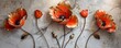 Three panels wall art 3D poppies with metallic stems on a marble background wall decoration wallpaper