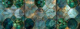 Fototapeta Konie - Three panels wall art golden geometrical patterns with jade stones on a marble background